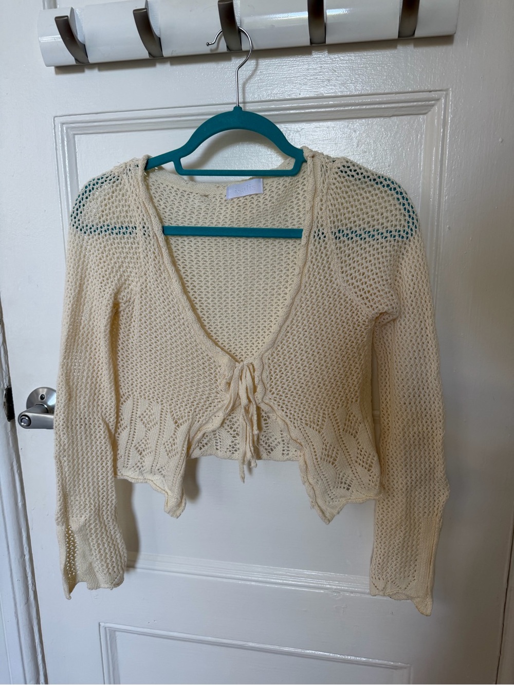 Open-Knit Tie-Front Cardigan in Cream